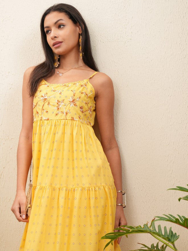 Vishudh Women Yellow Embroidered Fit and Flare Dress - Yellow - Image 1