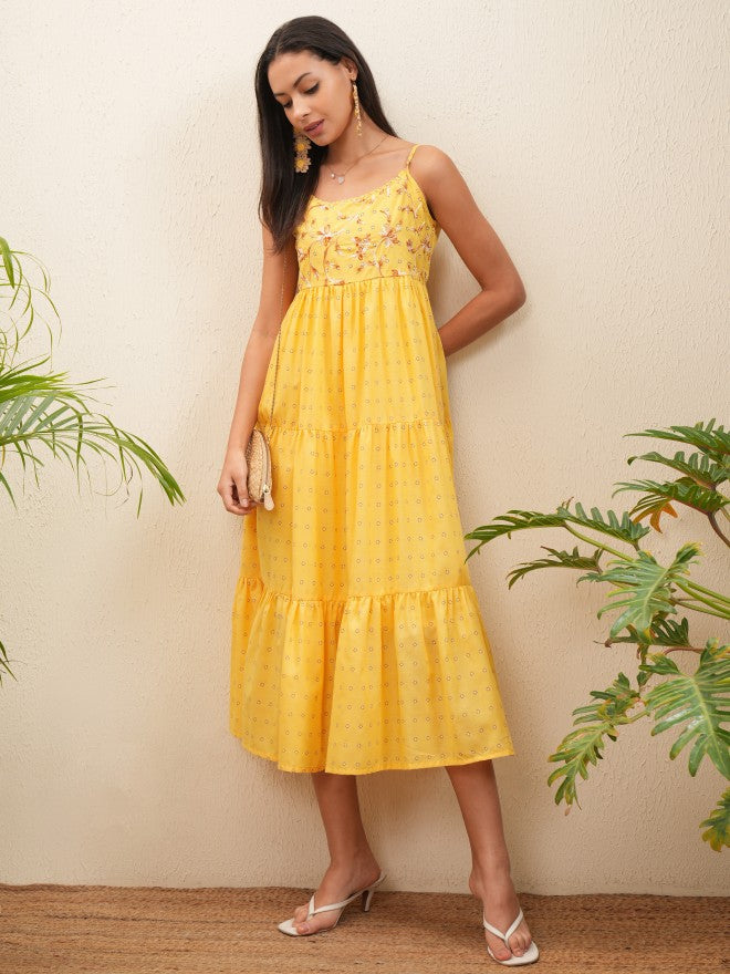 Vishudh Women Yellow Embroidered Fit and Flare Dress - Yellow - Image 2