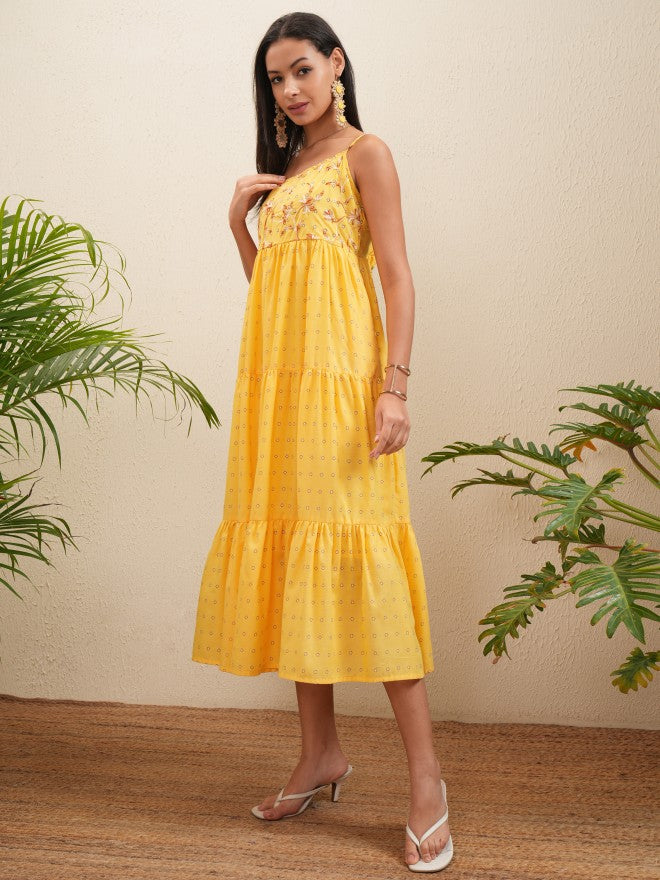 Vishudh Women Yellow Embroidered Fit and Flare Dress - Yellow - Image 4