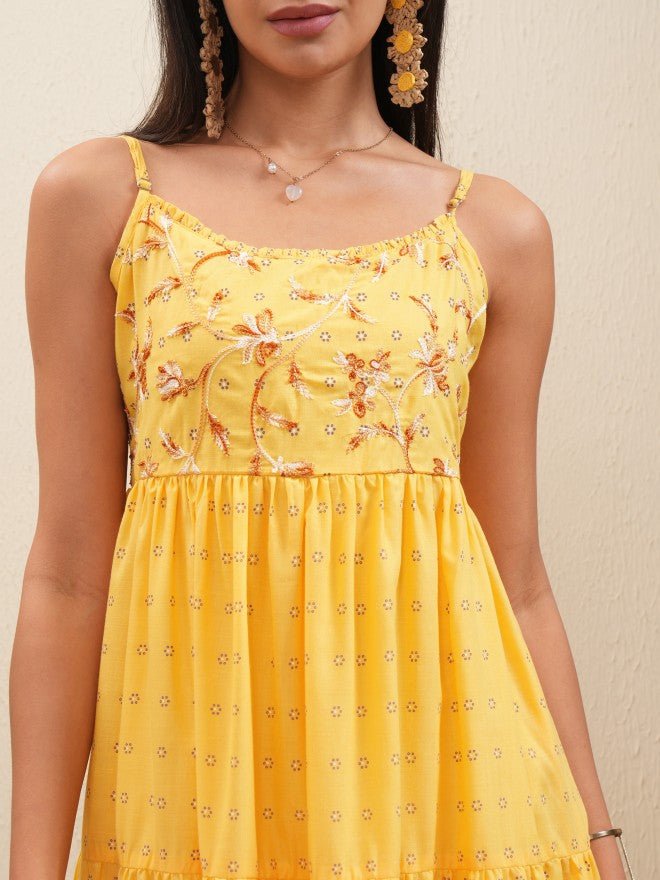 Vishudh Women Yellow Embroidered Fit and Flare Dress - Yellow - Image 5