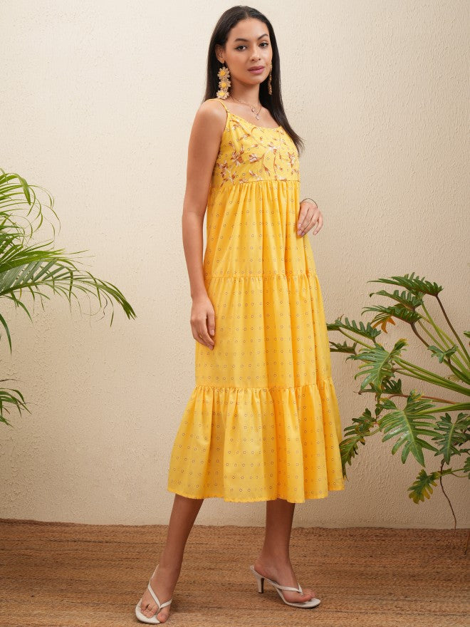 Vishudh Women Yellow Embroidered Fit and Flare Dress - Yellow - Image 6