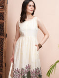 Vishudh Women Cream Printed Fit and Flare Dress - Cream - Image 1