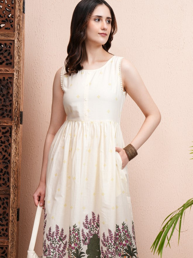 Vishudh Women Cream Printed Fit and Flare Dress - Cream - Image 1