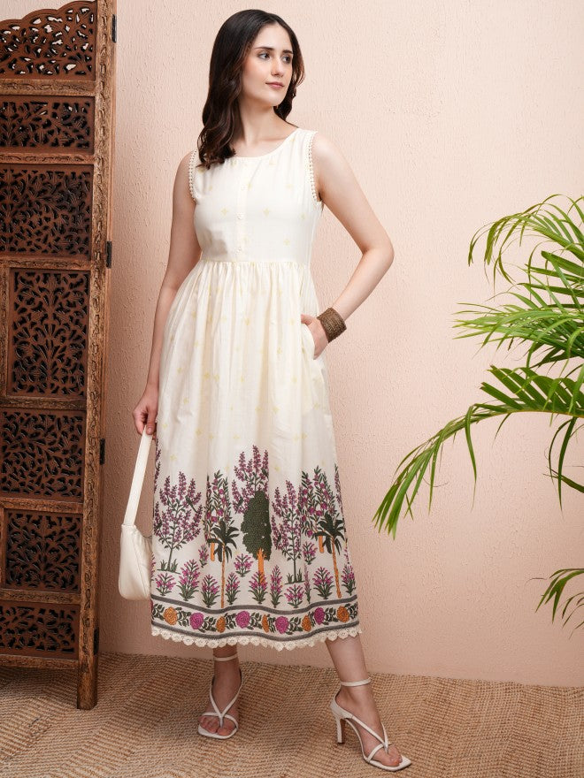 Vishudh Women Cream Printed Fit and Flare Dress - Cream - Image 2