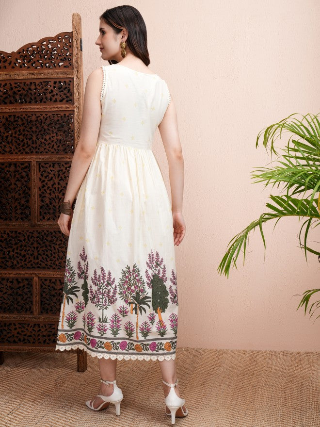 Vishudh Women Cream Printed Fit and Flare Dress - Cream - Image 3