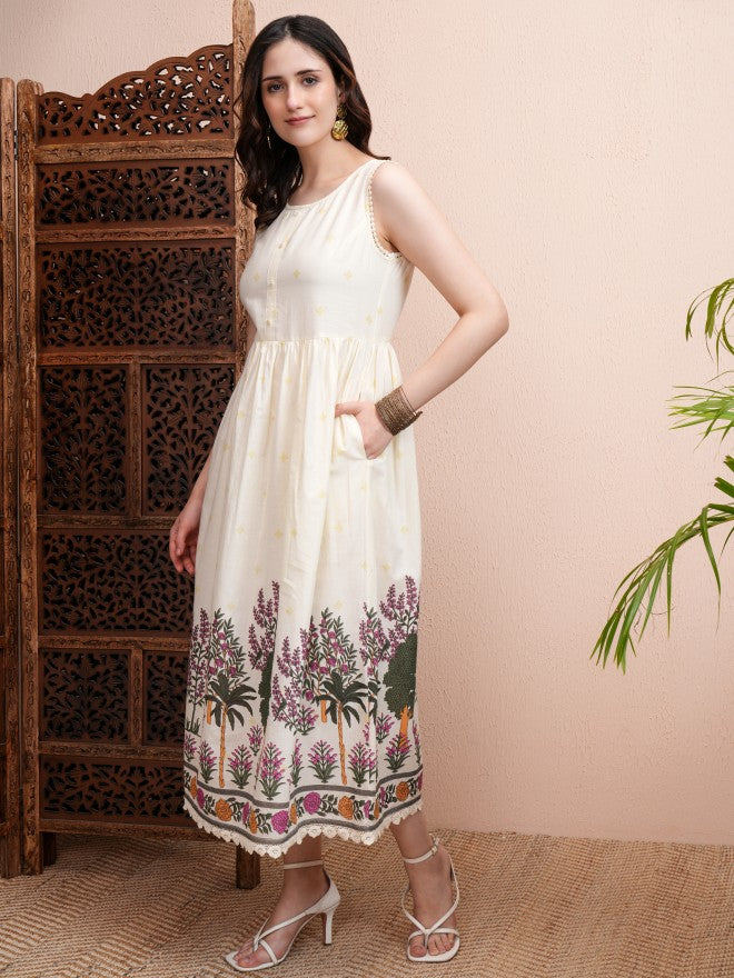 Vishudh Women Cream Printed Fit and Flare Dress - Cream - Image 4
