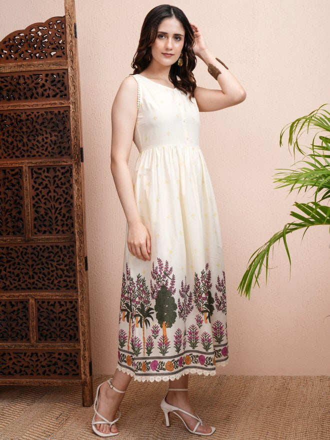 Vishudh Women Cream Printed Fit and Flare Dress - Cream - Image 6