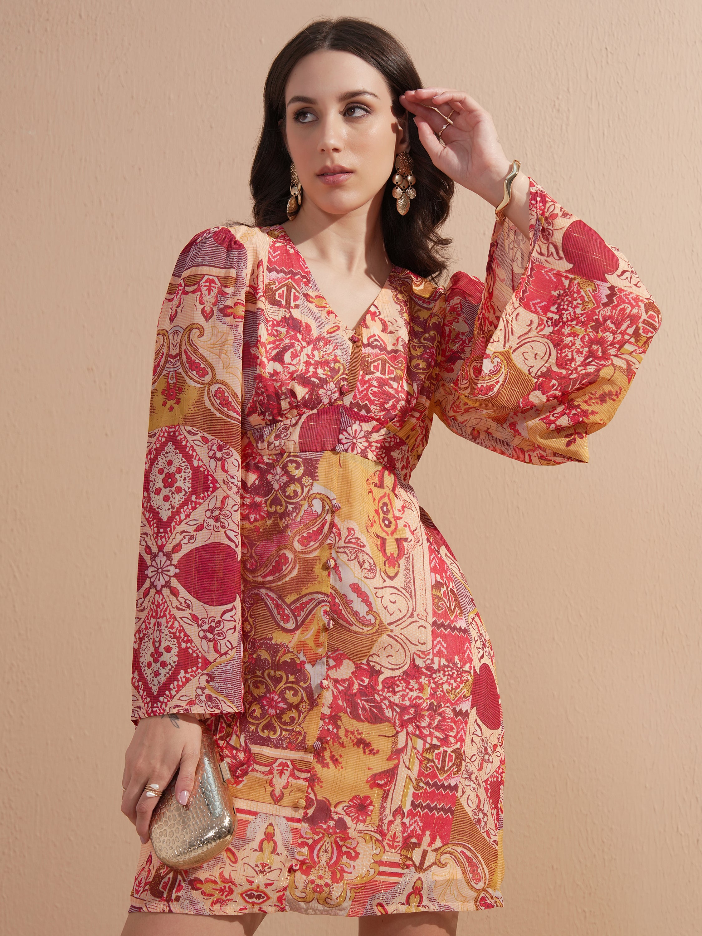 Vishudh women Peach Printed Fit And Flare Dress - Peach - Image 1