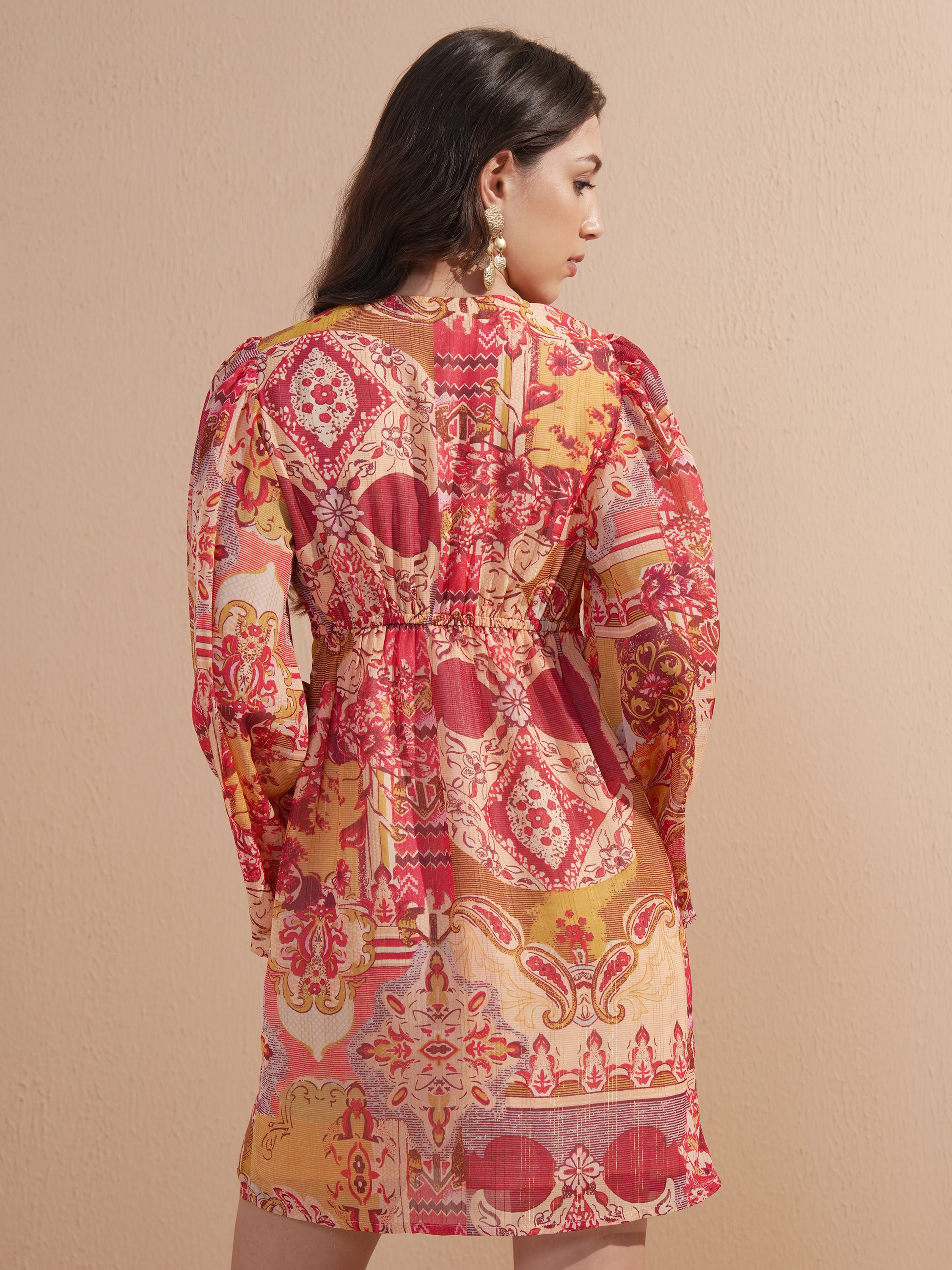 Vishudh women Peach Printed Fit And Flare Dress - Peach - Image 3