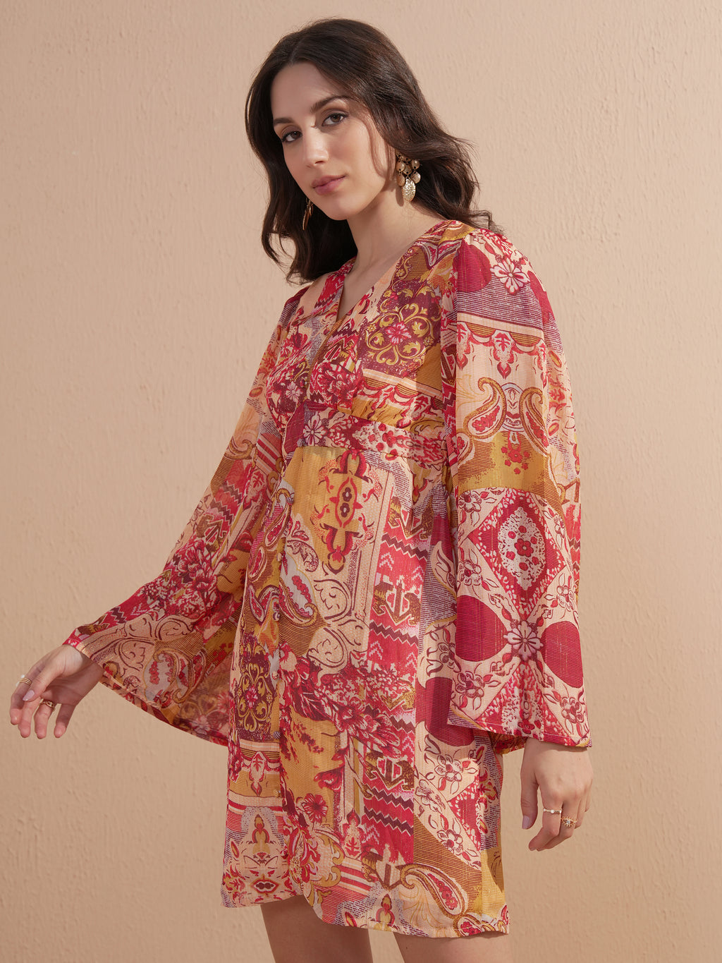 Vishudh women Peach Printed Fit And Flare Dress - Peach - Image 4