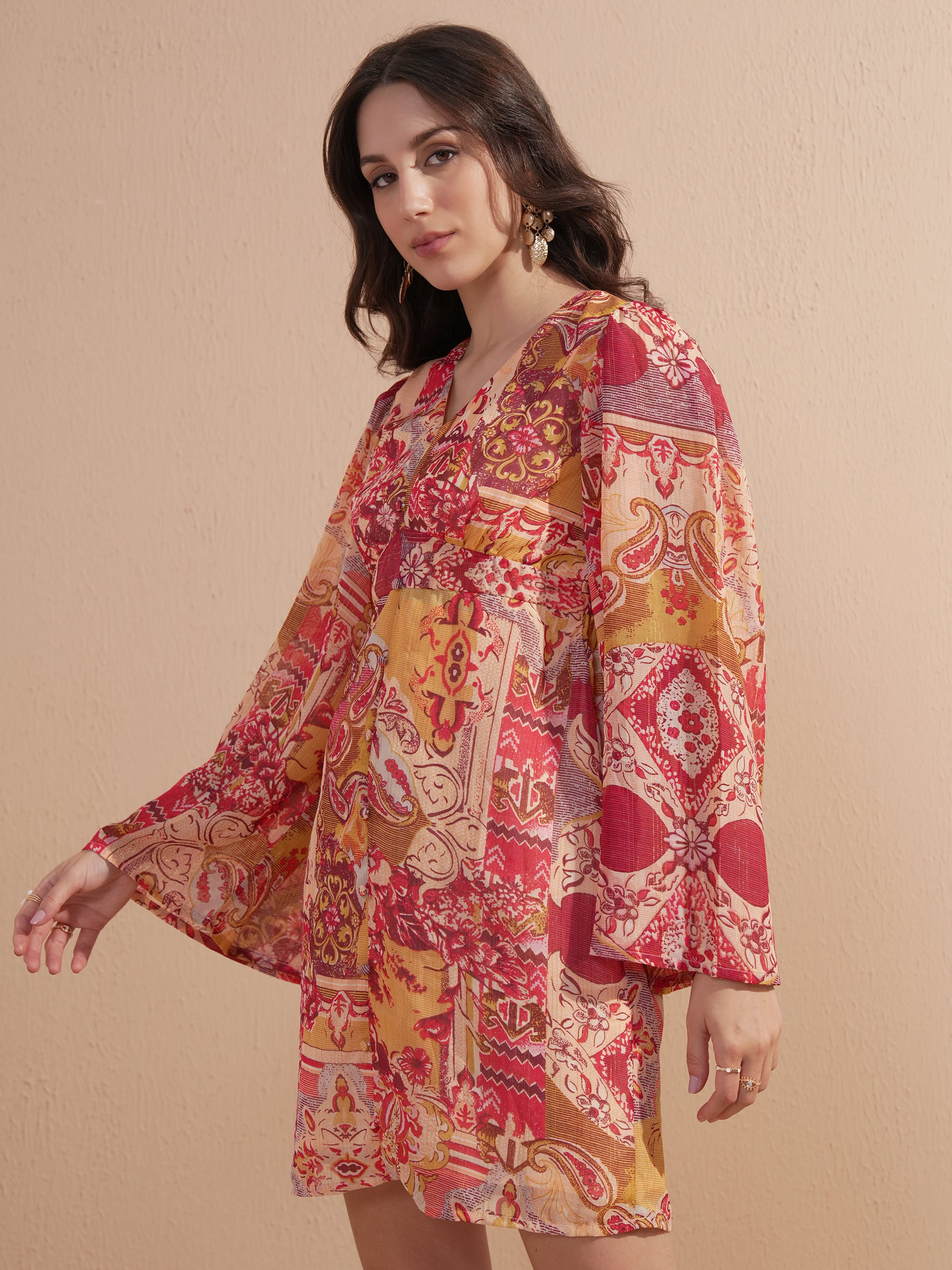 Vishudh women Peach Printed Fit And Flare Dress - Peach - Image 4
