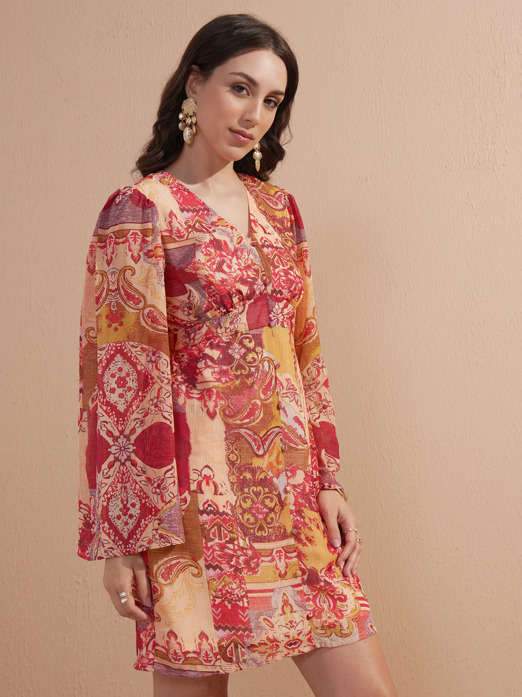 Vishudh women Peach Printed Fit And Flare Dress - Peach - Image 6
