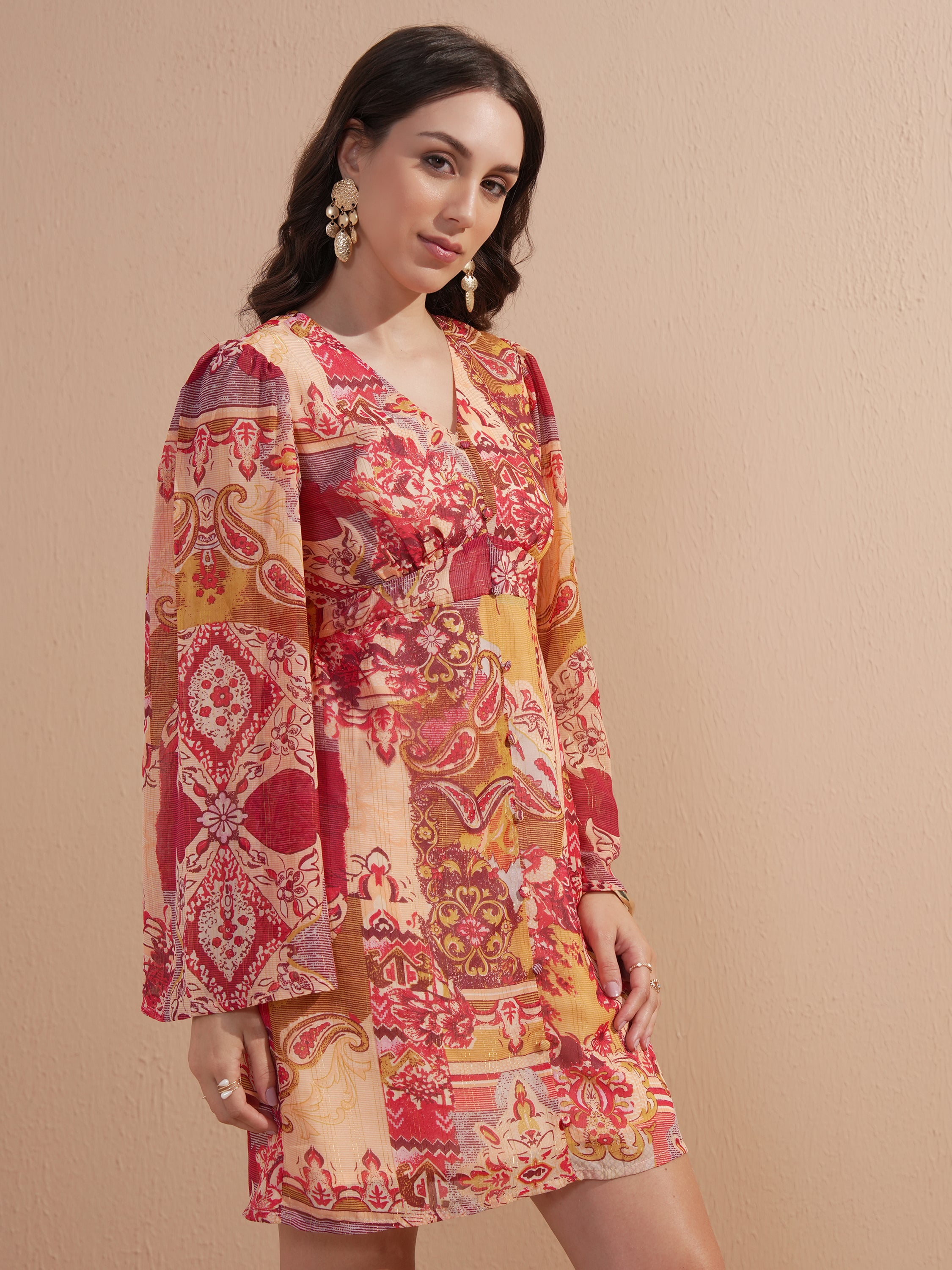 Vishudh women Peach Printed Fit And Flare Dress - Peach - Image 6