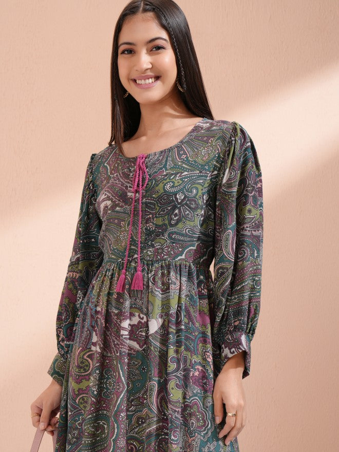 Vishudh Women Purple Printed Fit and Flare Dress - Purple - Image 1