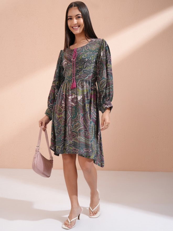 Vishudh Women Purple Printed Fit and Flare Dress - Purple - Image 2