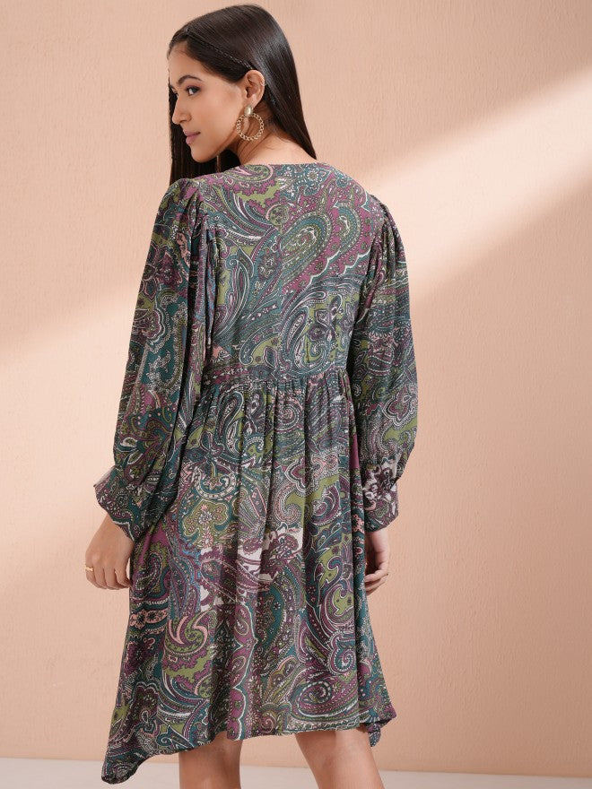 Vishudh Women Purple Printed Fit and Flare Dress - Purple - Image 3