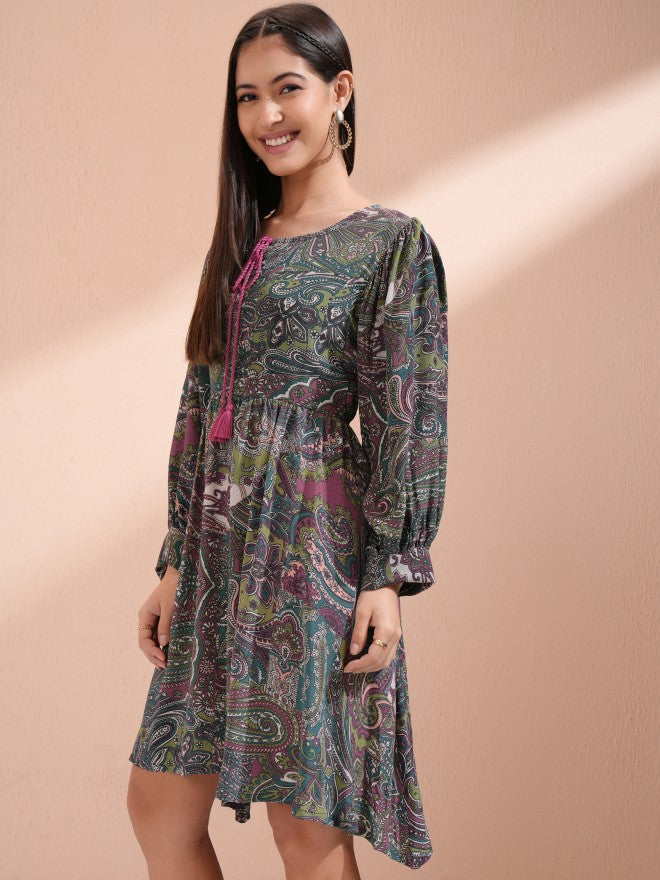 Vishudh Women Purple Printed Fit and Flare Dress - Purple - Image 4