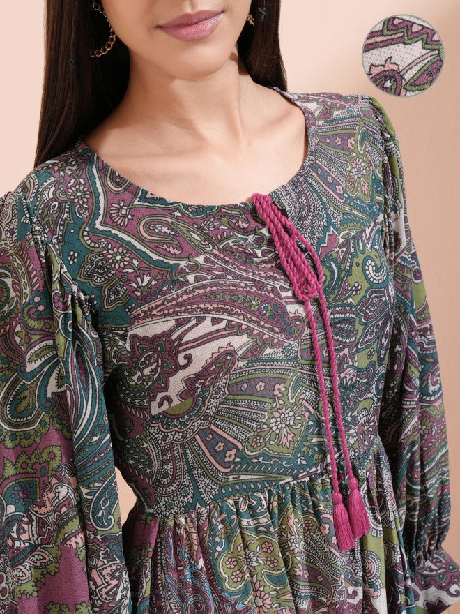 Vishudh Women Purple Printed Fit and Flare Dress - Purple - Image 5