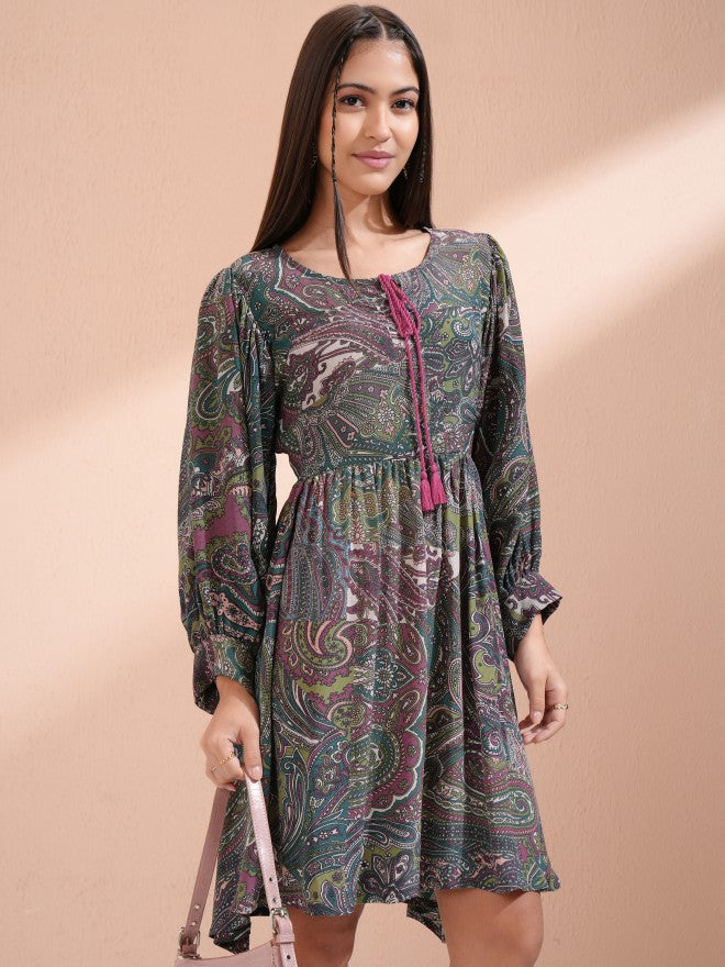 Vishudh Women Purple Printed Fit and Flare Dress - Purple - Image 6