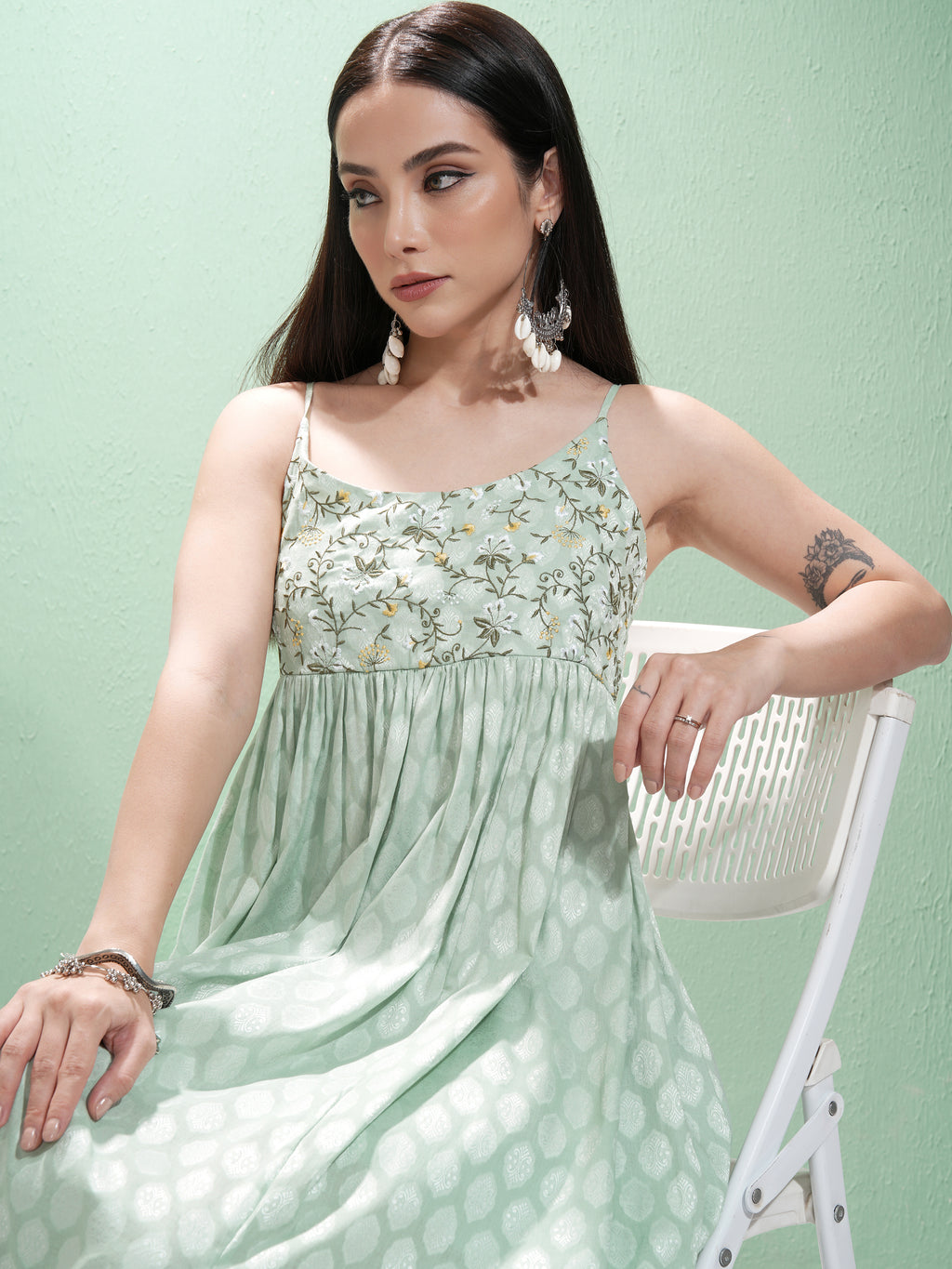 Vishudh Women Green Embroidered Maxi Dress - Green - Image 1