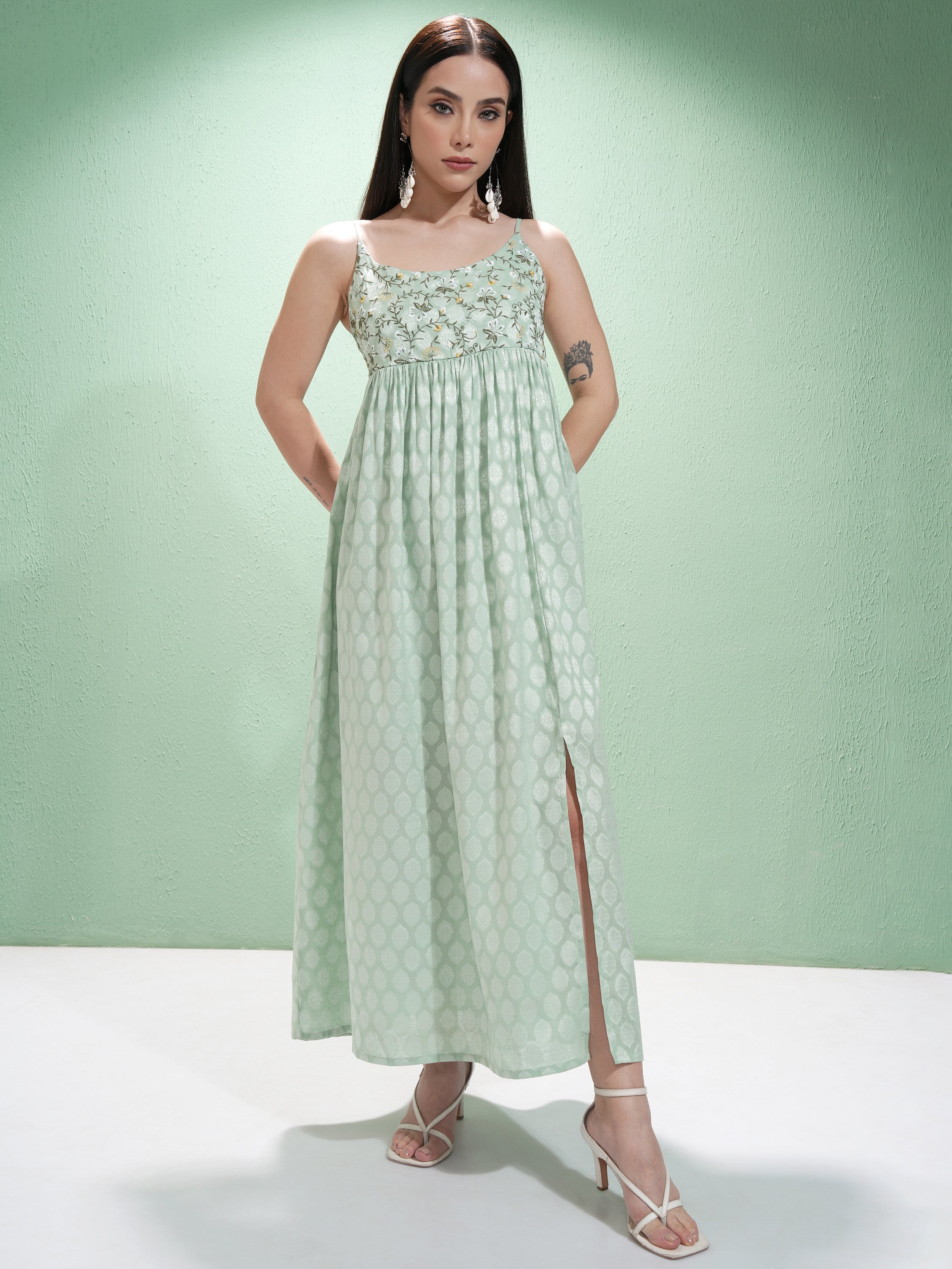 Vishudh Women Green Embroidered Maxi Dress - Green - Image 4