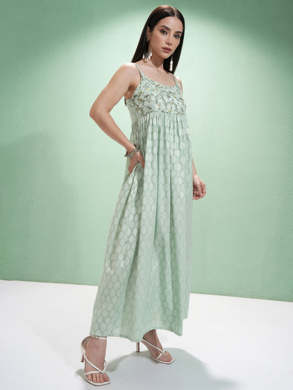 Vishudh Women Green Embroidered Maxi Dress - Green - Image 6