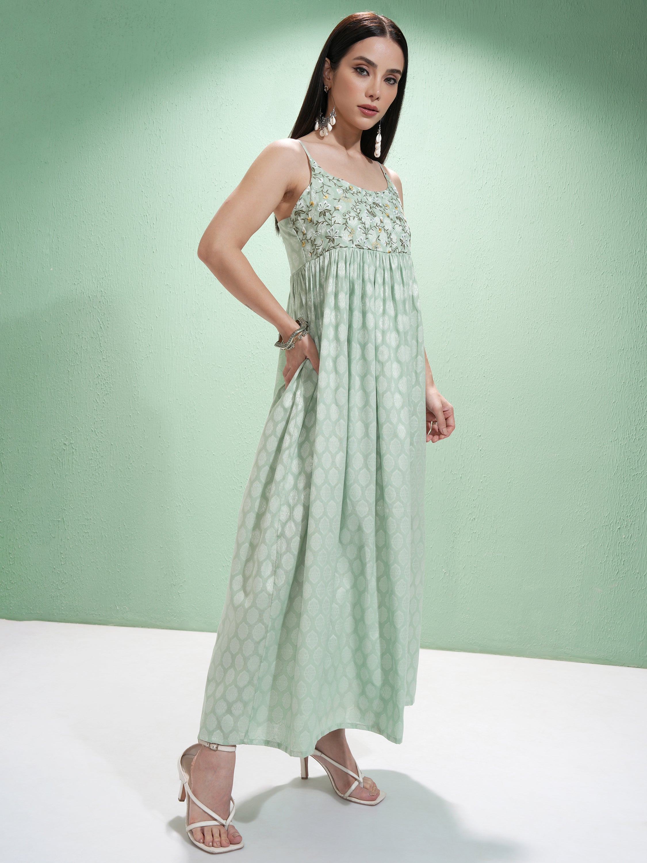 Vishudh Women Green Embroidered Maxi Dress - Green - Image 6