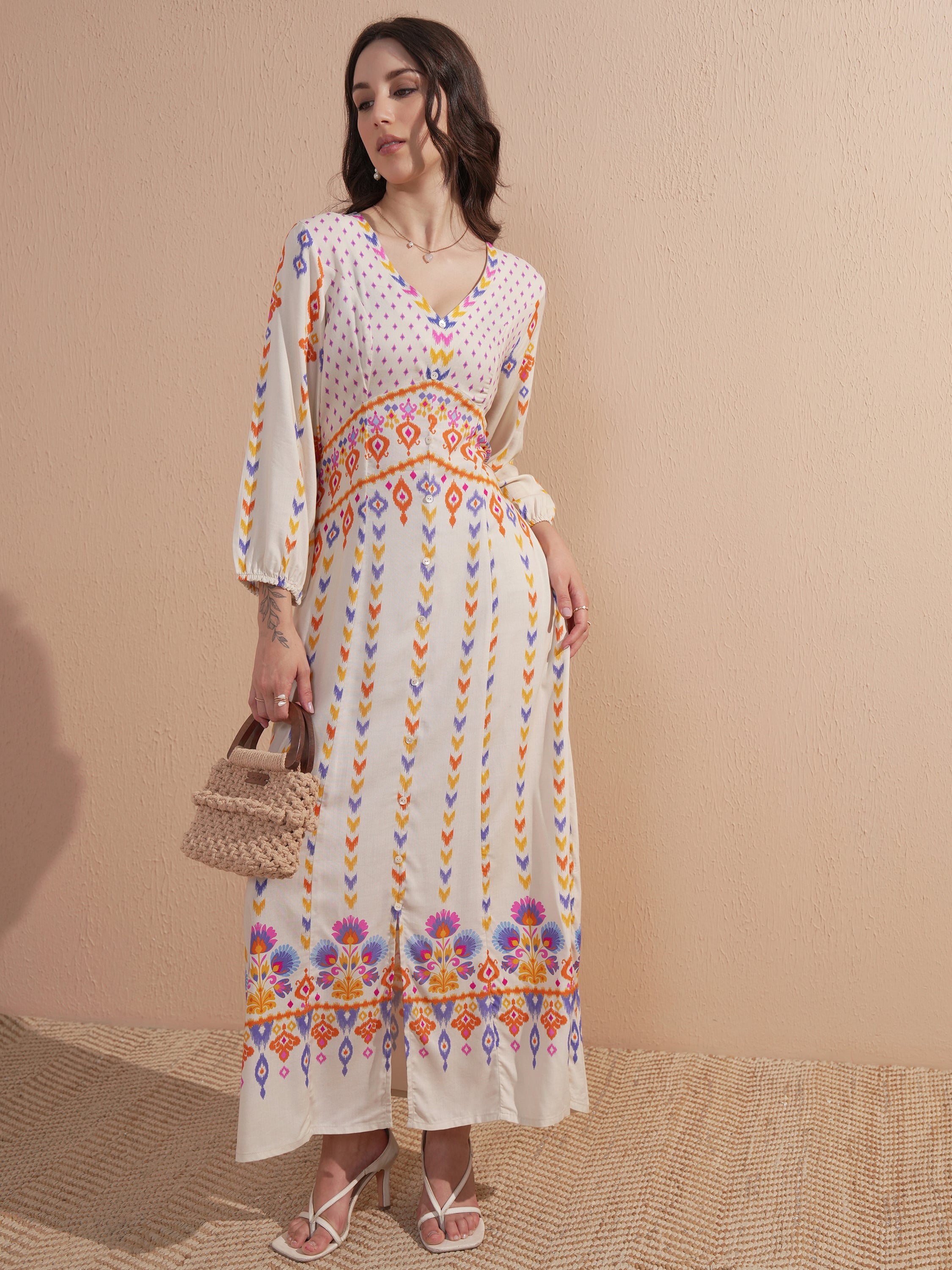 Vishudh Women Off White Printed Maxi Dress - Off White - Image 1
