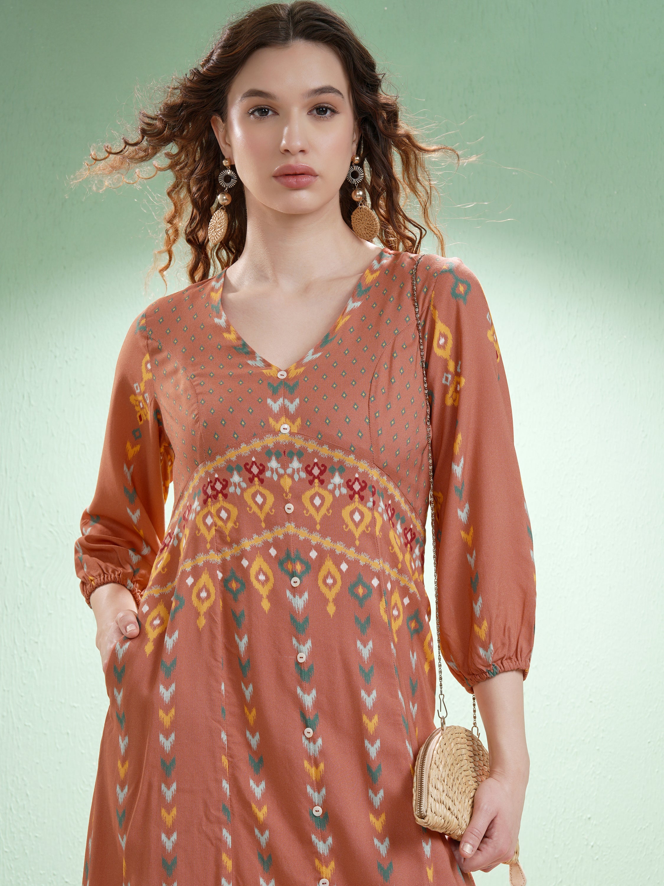 Vishudh women Orange Printed A-Line Dress - Orange - Image 1