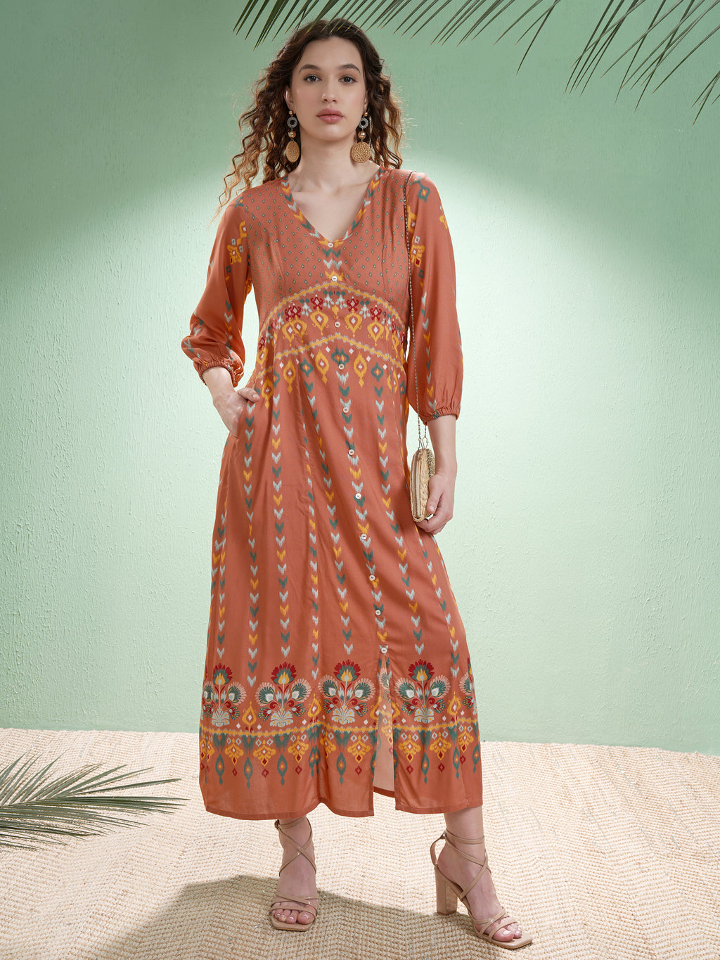 Vishudh women Orange Printed A-Line Dress - Orange - Image 2