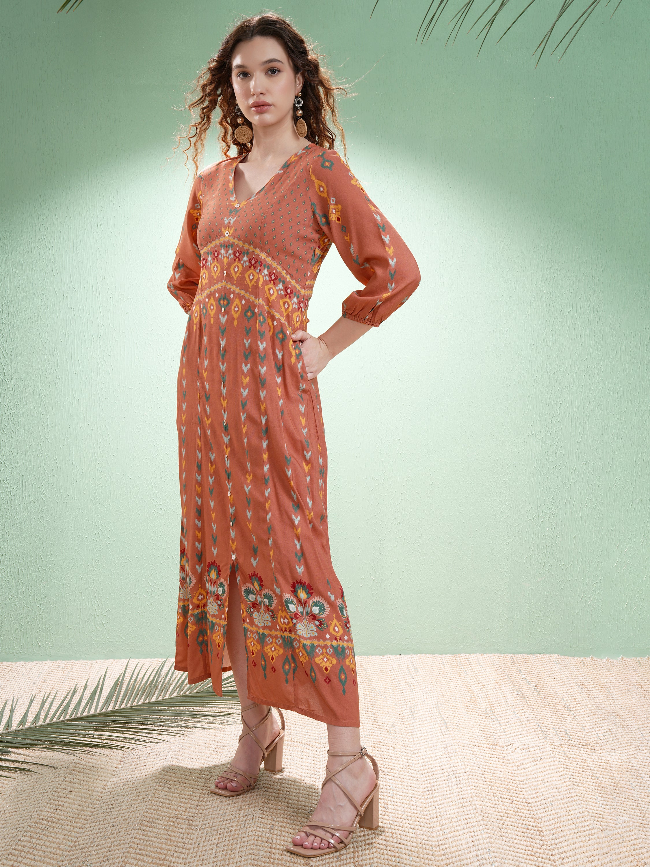 Vishudh women Orange Printed A-Line Dress - Orange - Image 4