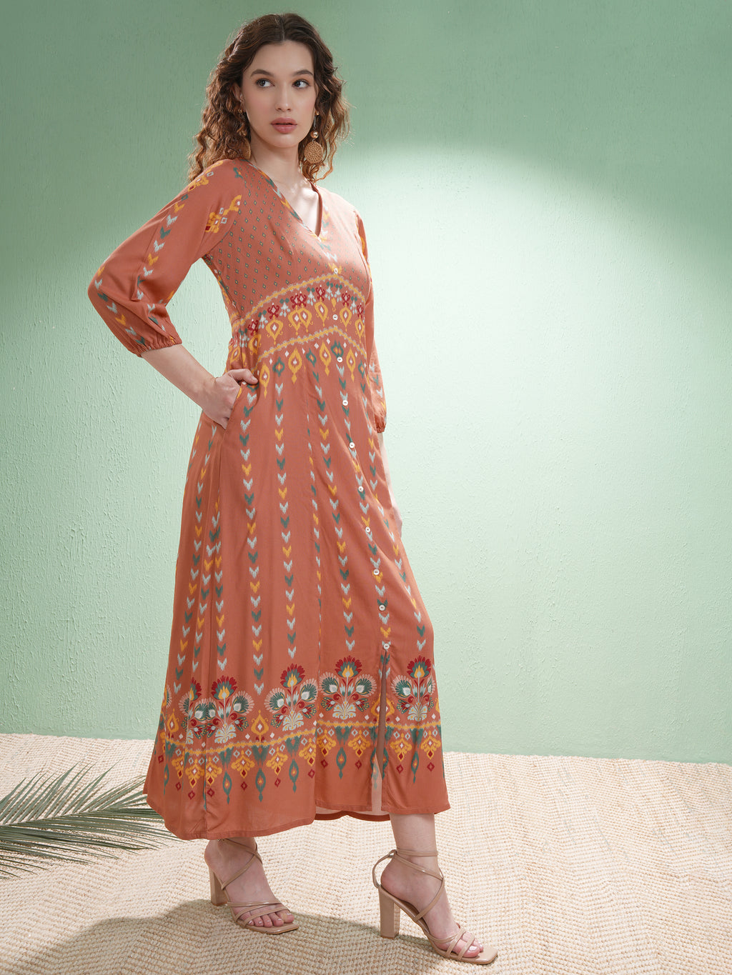 Vishudh women Orange Printed A-Line Dress - Orange - Image 6