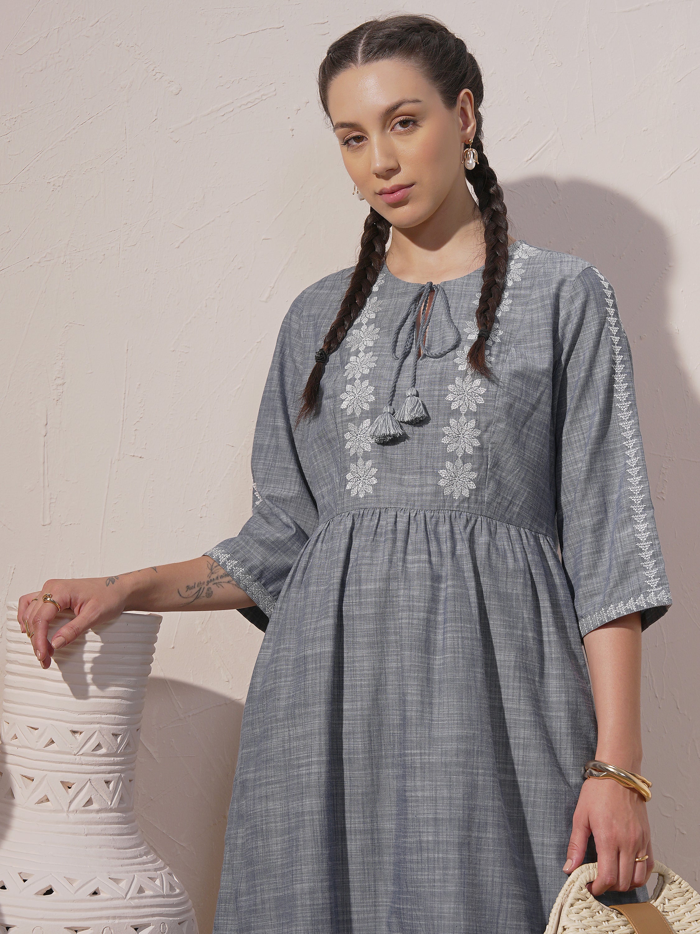 Vara By Vishudh women Grey Embroidered A-Line Dress - Grey - Image 1