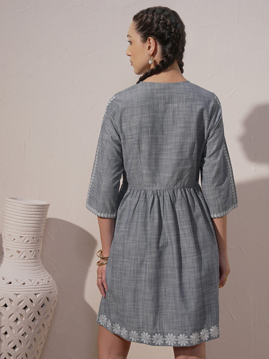 Vara By Vishudh women Grey Embroidered A-Line Dress - Grey - Image 3