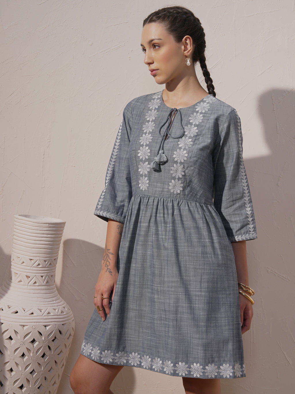 Vara By Vishudh women Grey Embroidered A-Line Dress - Grey - Image 4