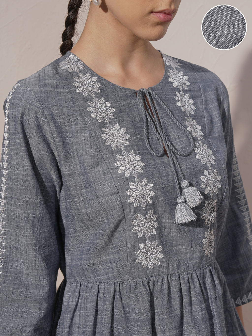Vara By Vishudh women Grey Embroidered A-Line Dress - Grey - Image 5