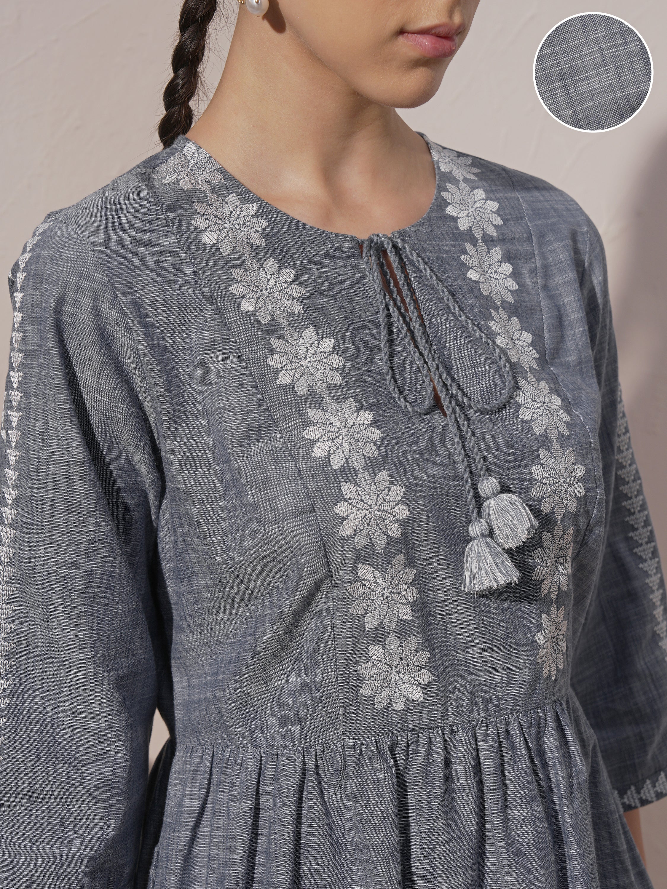 Vara By Vishudh women Grey Embroidered A-Line Dress - Grey - Image 5