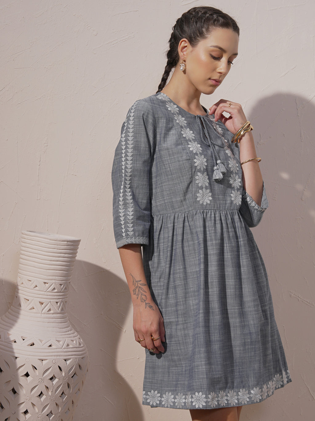 Vara By Vishudh women Grey Embroidered A-Line Dress - Grey - Image 6