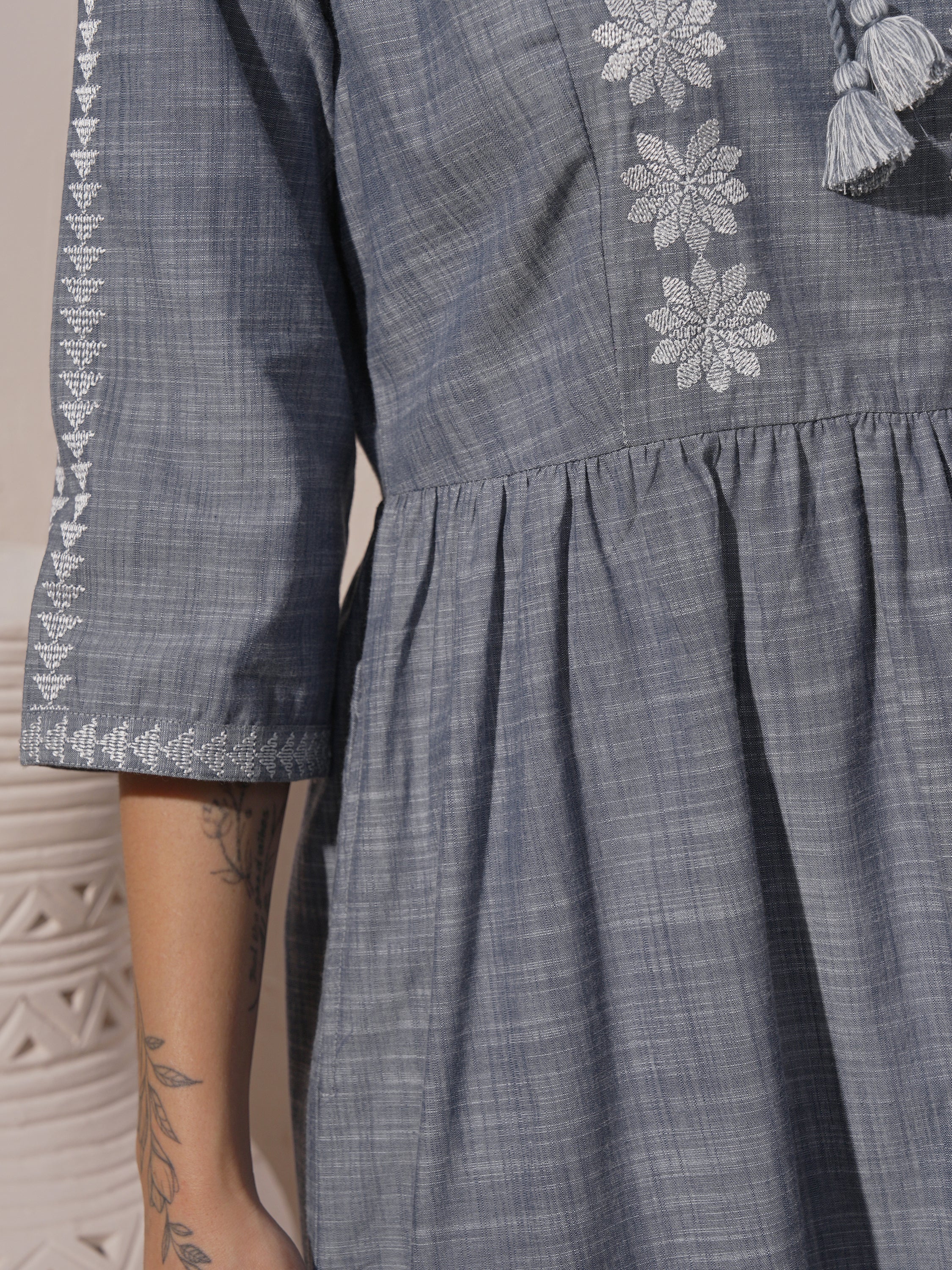 Vara By Vishudh women Grey Embroidered A-Line Dress - Grey - Image 7