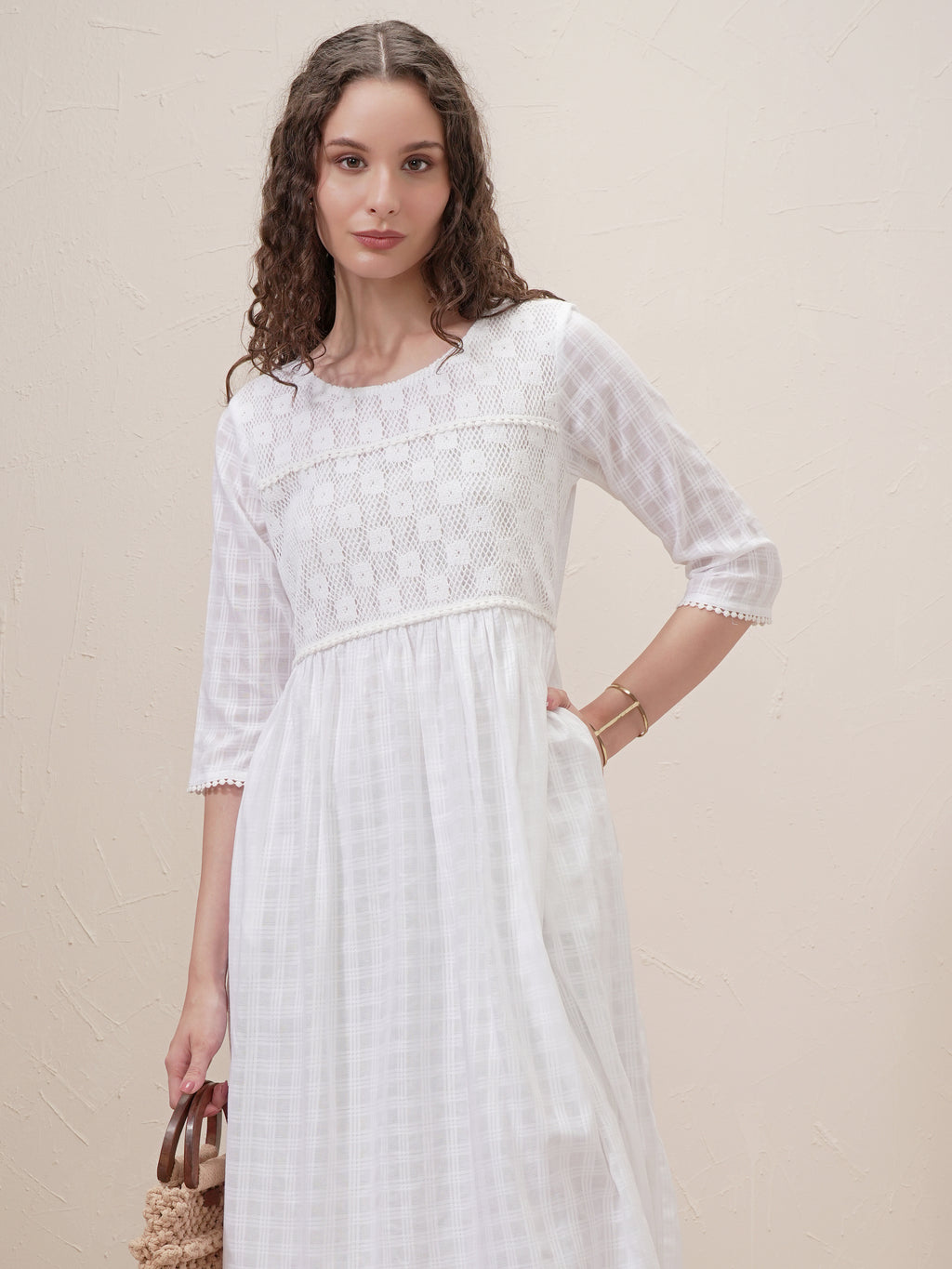 Vishudh Women White Self Design A-Line Dress - White - Image 1