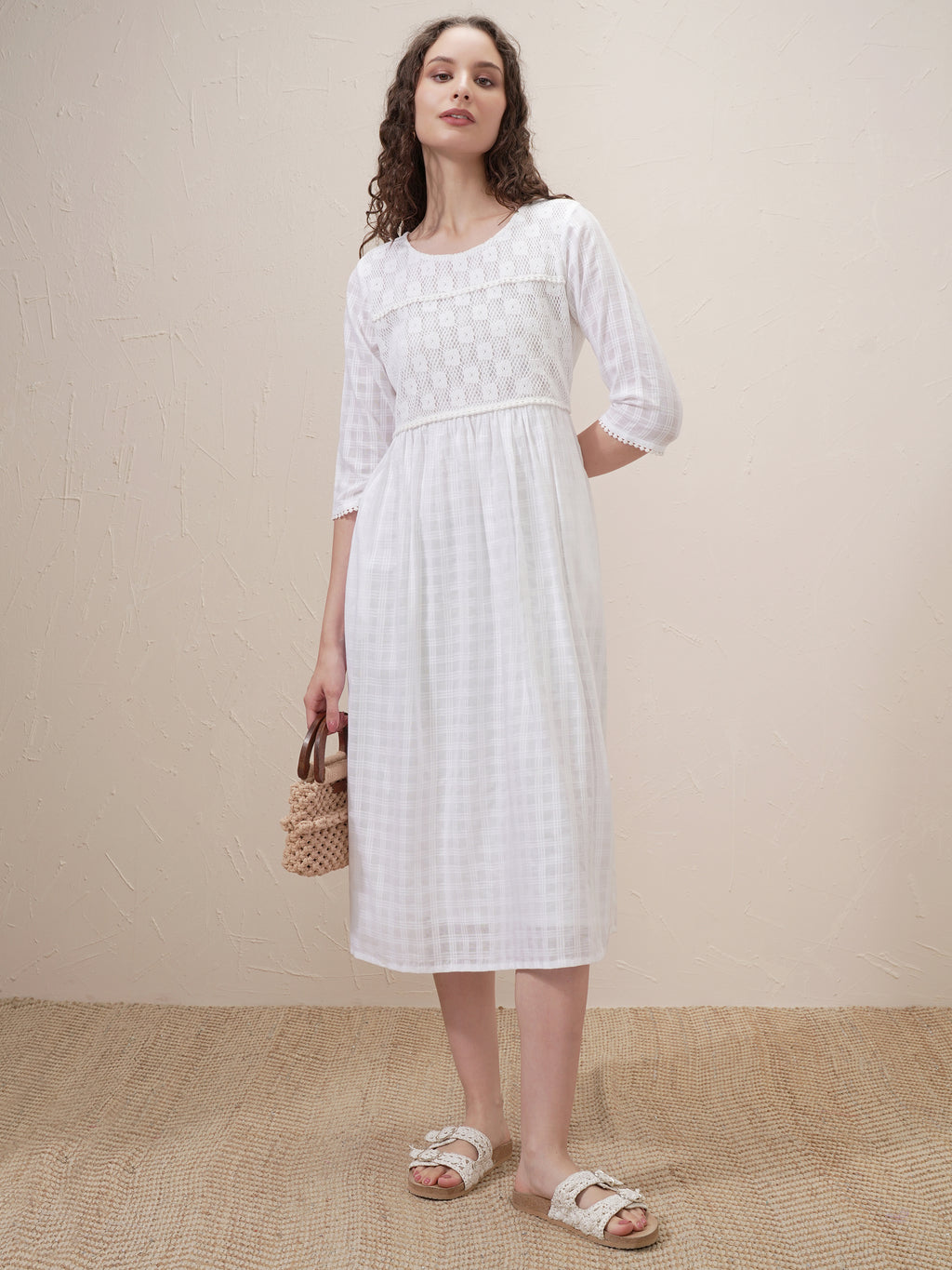 Vishudh Women White Self Design A-Line Dress - White - Image 2