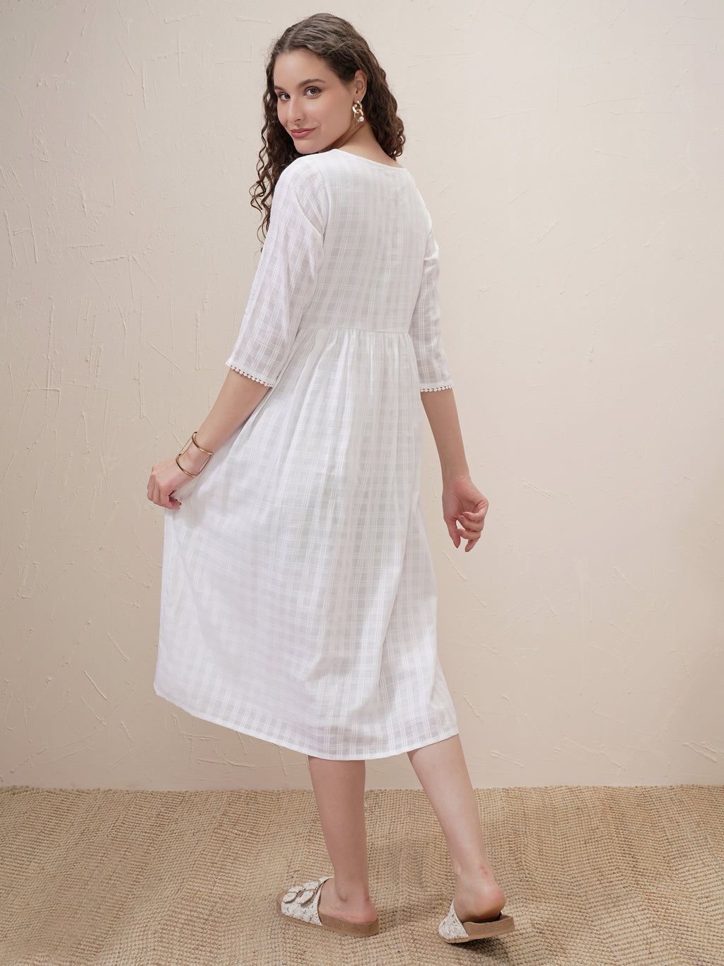 Vishudh Women White Self Design A-Line Dress - White - Image 3
