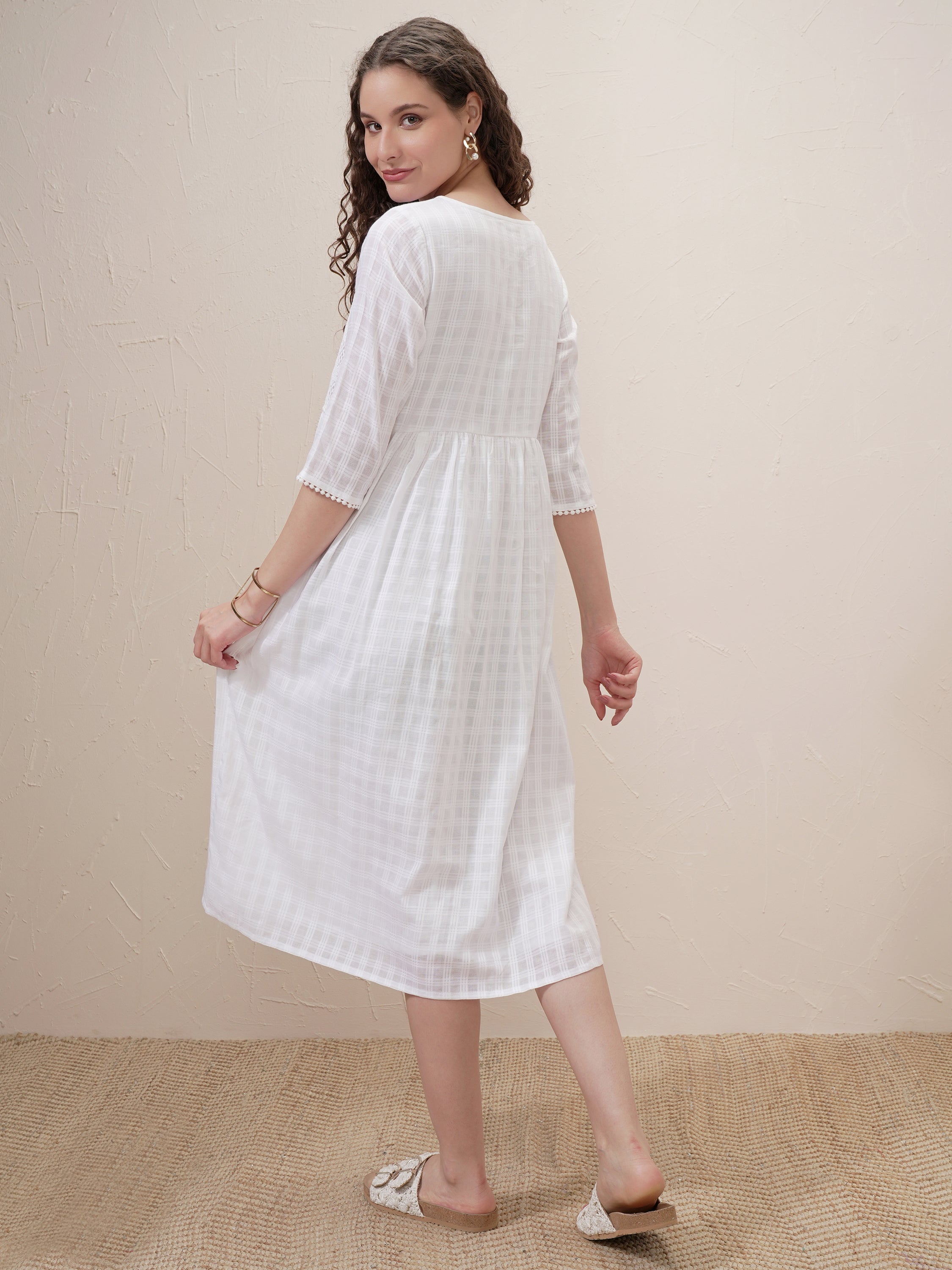 Vishudh Women White Self Design A-Line Dress - White - Image 3