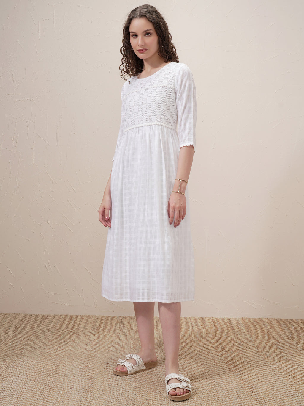 Vishudh Women White Self Design A-Line Dress - White - Image 4