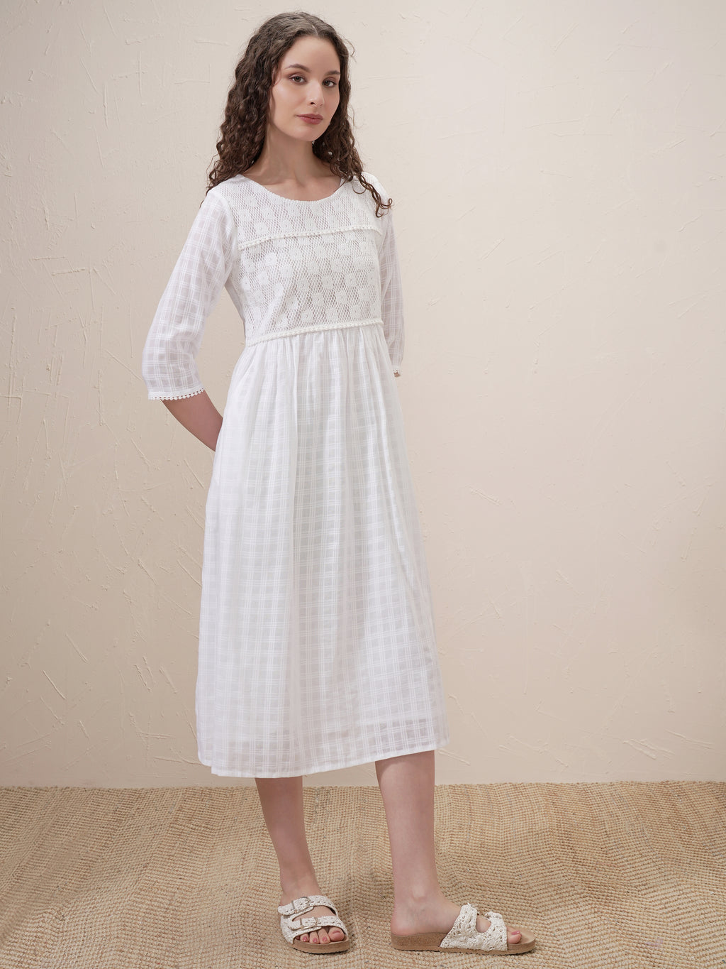 Vishudh Women White Self Design A-Line Dress - White - Image 6