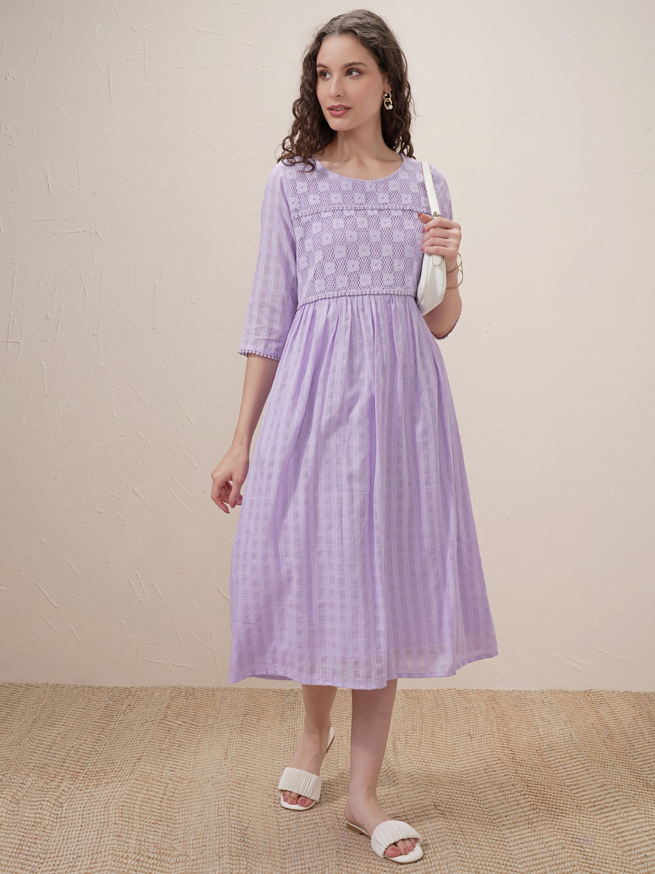 Vishudh Women Purple Self Design A-Line Dress - Purple - Image 2