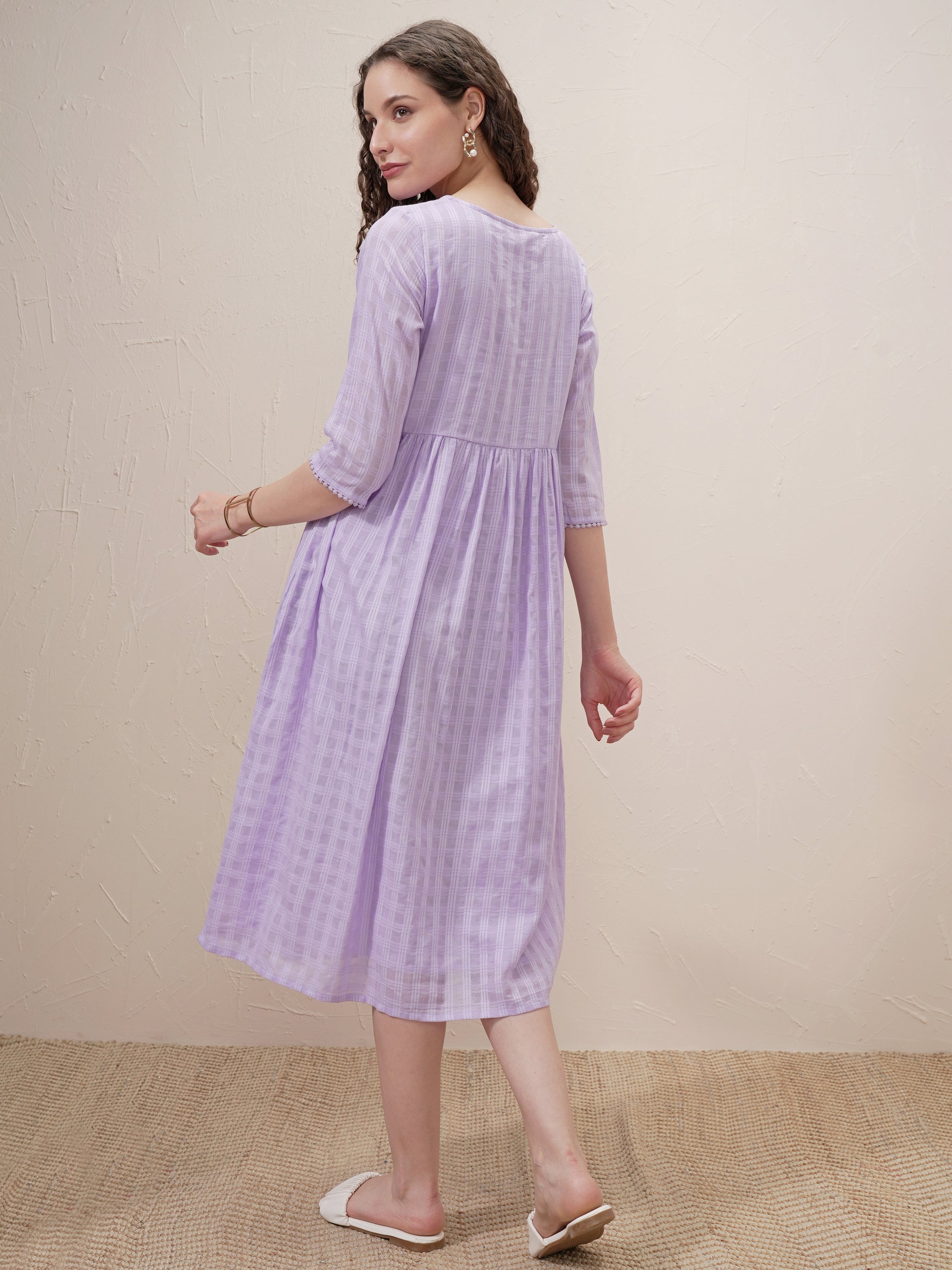 Vishudh Women Purple Self Design A-Line Dress - Purple - Image 3