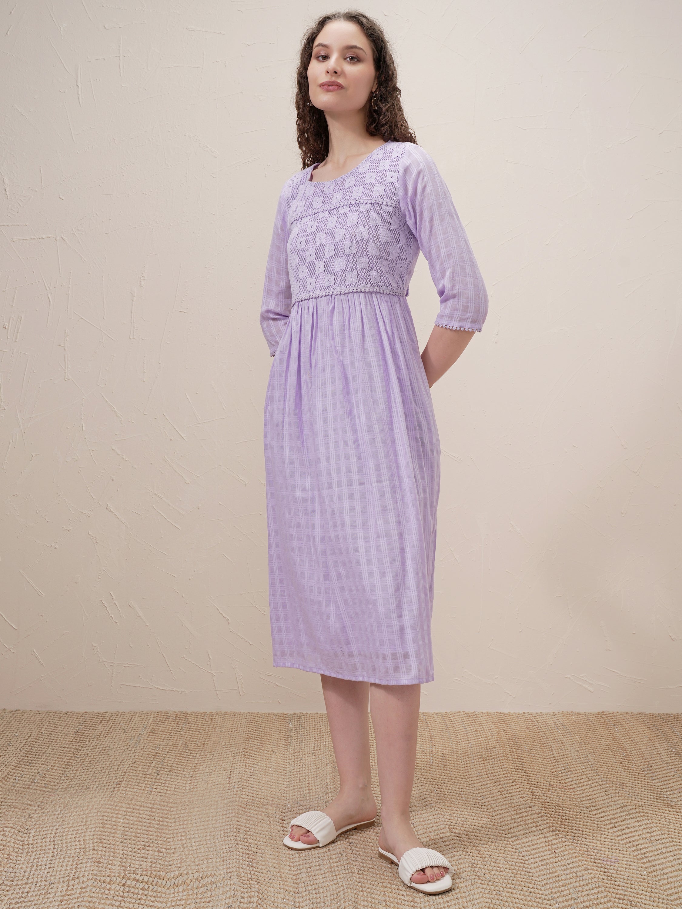 Vishudh Women Purple Self Design A-Line Dress - Purple - Image 4