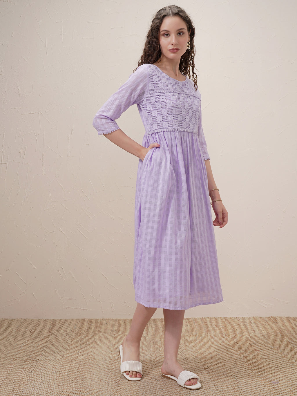 Vishudh Women Purple Self Design A-Line Dress - Purple - Image 6