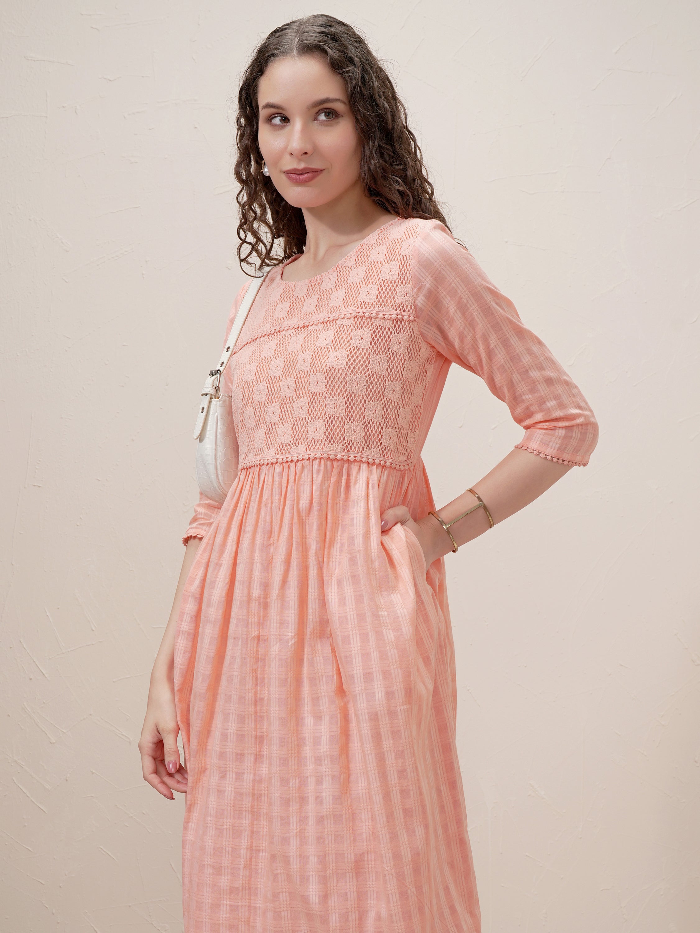 Vishudh Women Peach Self Design A-Line Dress - Peach - Image 1